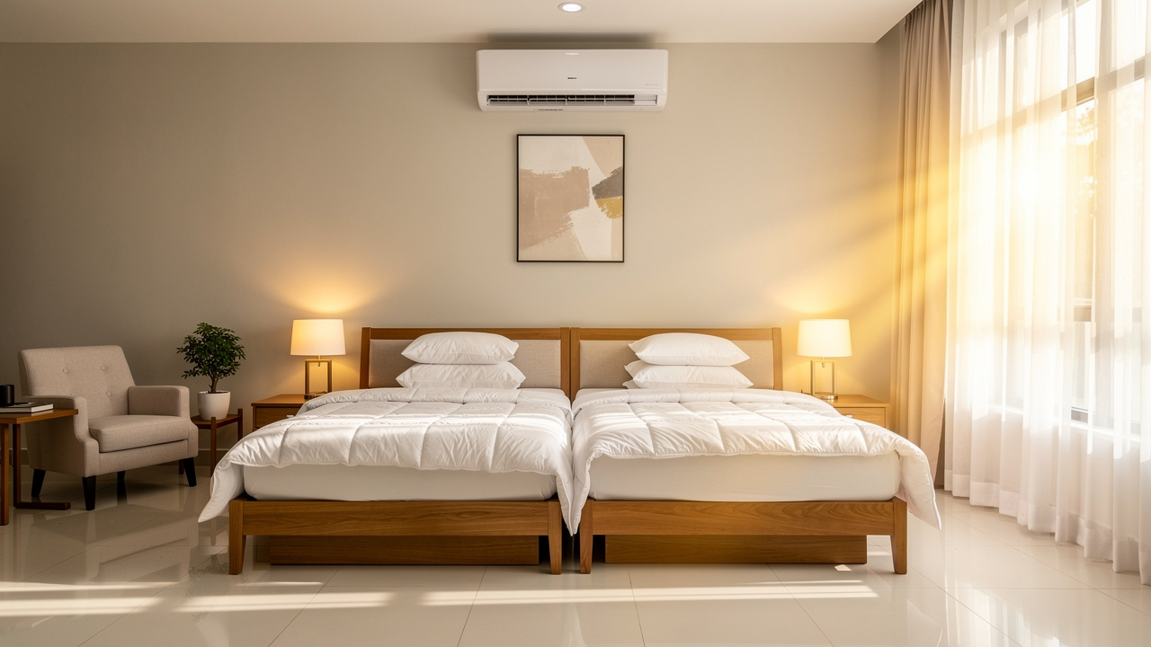 Comfortable clean bedroom with multiple beds for families