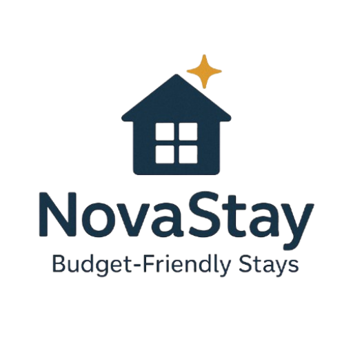 NovaStay logo featuring a house icon with a star. "NovaStay Budget-Friendly Stays" text.
